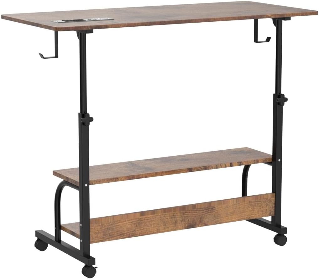 Armocity Height Adjustable Standing Desk with Power Outlets, 39" Manual Stand Up Desk with Storage Shelves Small Mobile Rolling Computer Desk Portable Laptop Table with Wheels for Home Office, Rustic