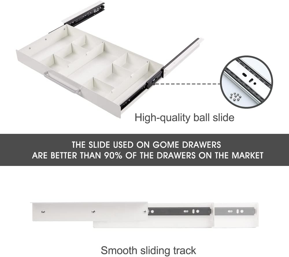 Large Size Under Desk Slide out Pencil Drawer White with Adjustable Space Divider Design for Storing Pencil and Office Accessories, Underdesk Pull out Tray Organizer Mounted for Sit Stand Workstation