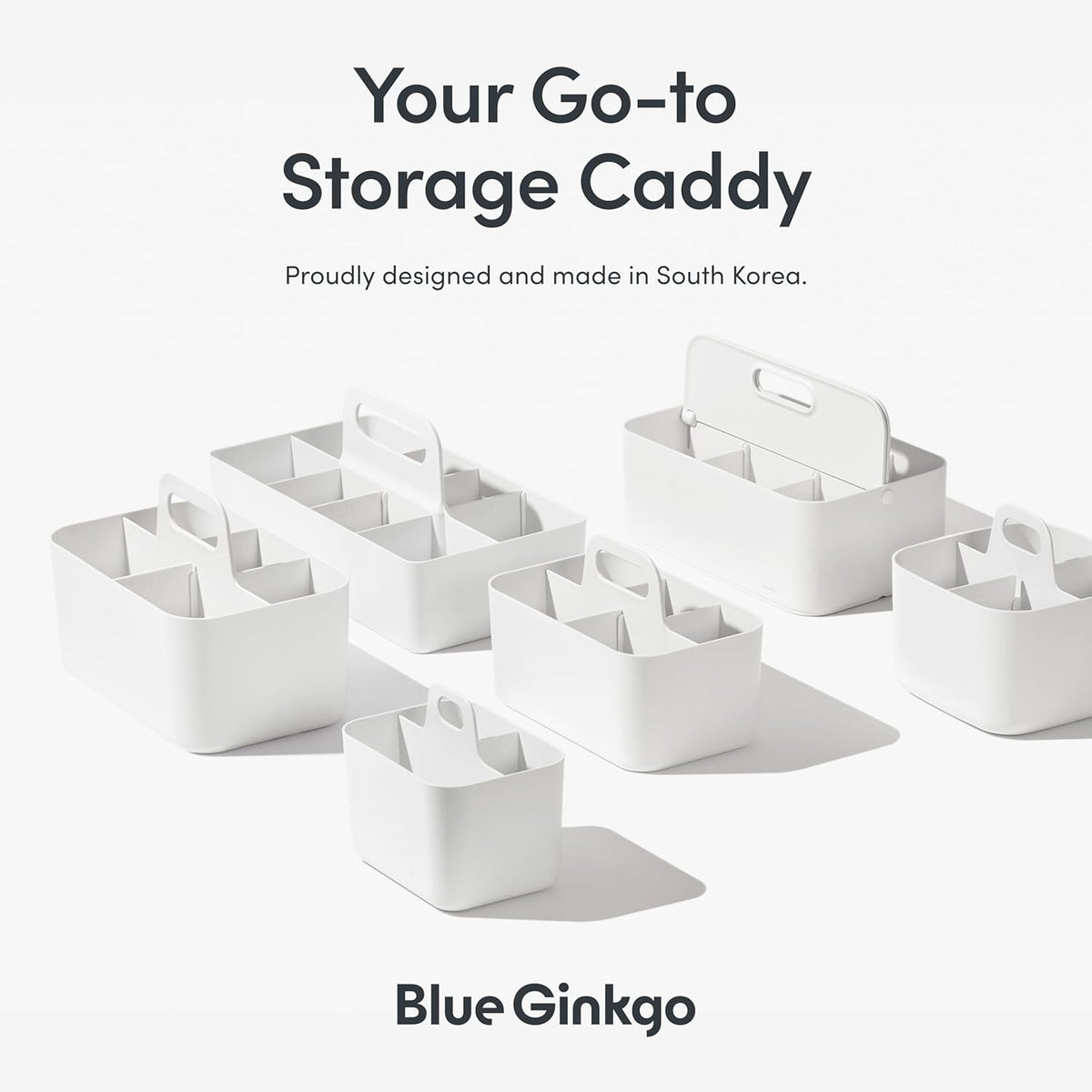 BLUE GINKGO Stackable Organizer Caddy – Korean-Made Portable Tote for Bathroom, Office, Crafts, or School Supplies (Long Rectangle, White)