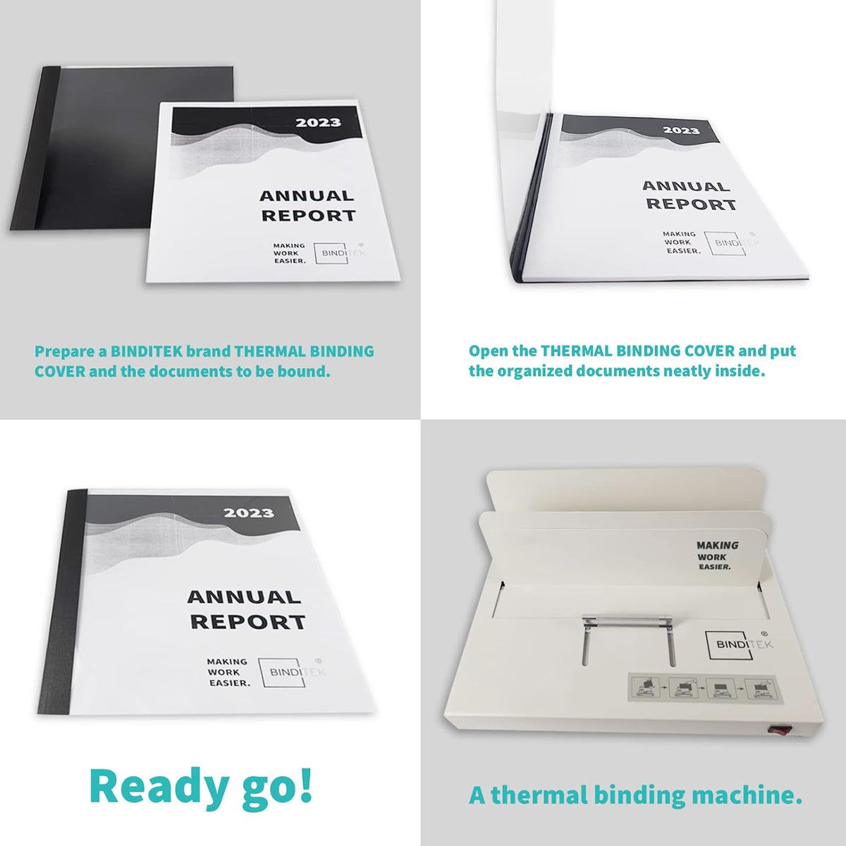 Binditek 10 Pack Thermal Binding Presentation Covers, 1/8 Inch Spine, Holds 30 Sheets, Ultra Clear Front Cover, White Paper Back Cover, Letter Size, for Students and Coworkers