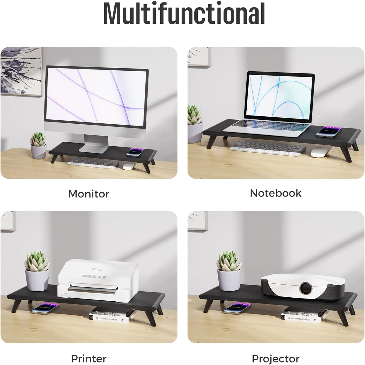 loukin Monitor Stand Riser for Desk, 22.4" x 8.3" Larger Computer Stand for Laptop, PC, Printer, Sturdy Desktop Computer Shelf with Non-Skid Rubber, Home Office (Black)