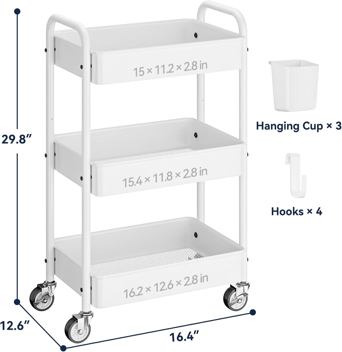YASONIC Metal 3 Tier Rolling Cart - Heavy Duty Utility Cart with Lockable Wheels, Hanging Cups, Hooks, Mesh Rolling Storage Cart Craft Cart Organizer, Lightweight and Sturdy, White