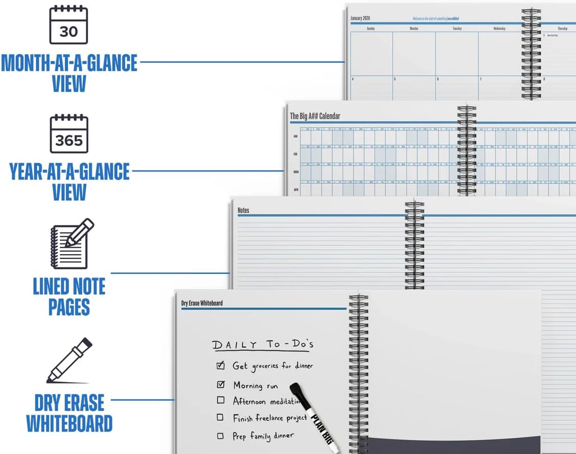 The Big A## Mid-Year Monthly Planner 2025–2026 – Mobile Desktop Calendar – Dry Erase Whiteboard – Fold-Out Design – Marker & Labels Included – 11x14" Expands to 22x14 - Neutral
