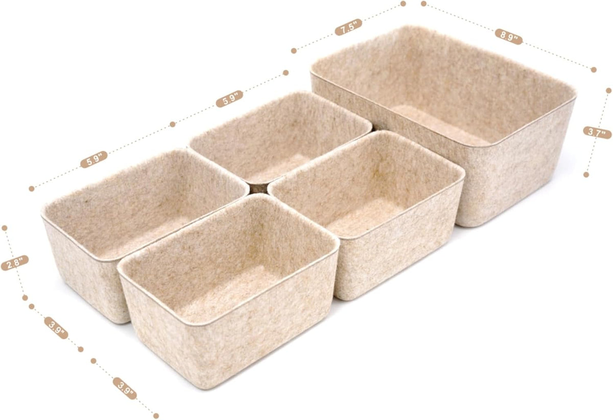 Welaxy 5-piece Drawer organizers dividers storage bins deep storage bin aesthetic wabi-sabi Scandinavian-chic storage bin hygge sleek minimalist lifestyle gifts (Oatmeal)