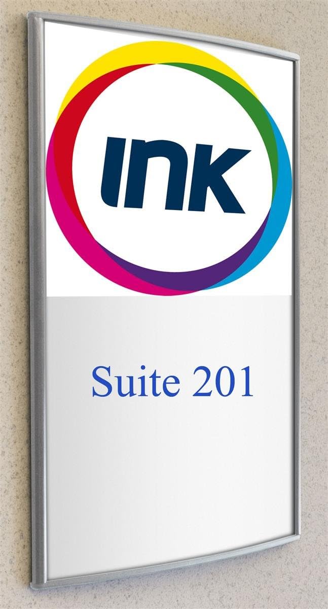 Set of 2, Door Sign with Non-Glare Lens for Displaying 8-1/2 x 11-Inch Graphics, Curved Name Plate Holder Mounts Vertically or Horizontally to a Wall, Silver, Aluminum