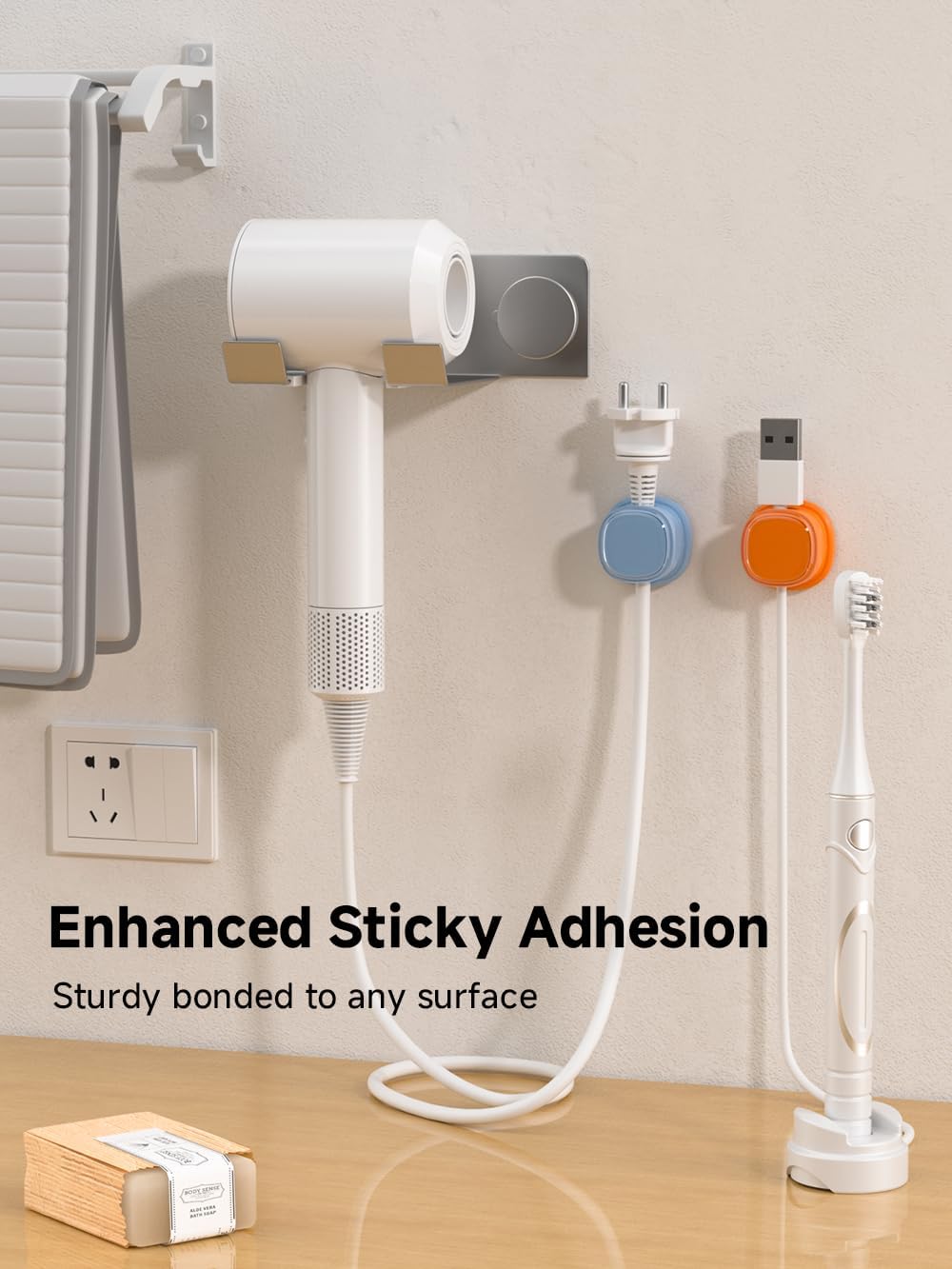 9 Pack Cord Organizer, Spring Cable Management, Adhesive Cute Cable Holder Clips, Phone Charger Wire Keeper for Desk Nightstand Car Office (9-Pack Black_Orange_Blue)