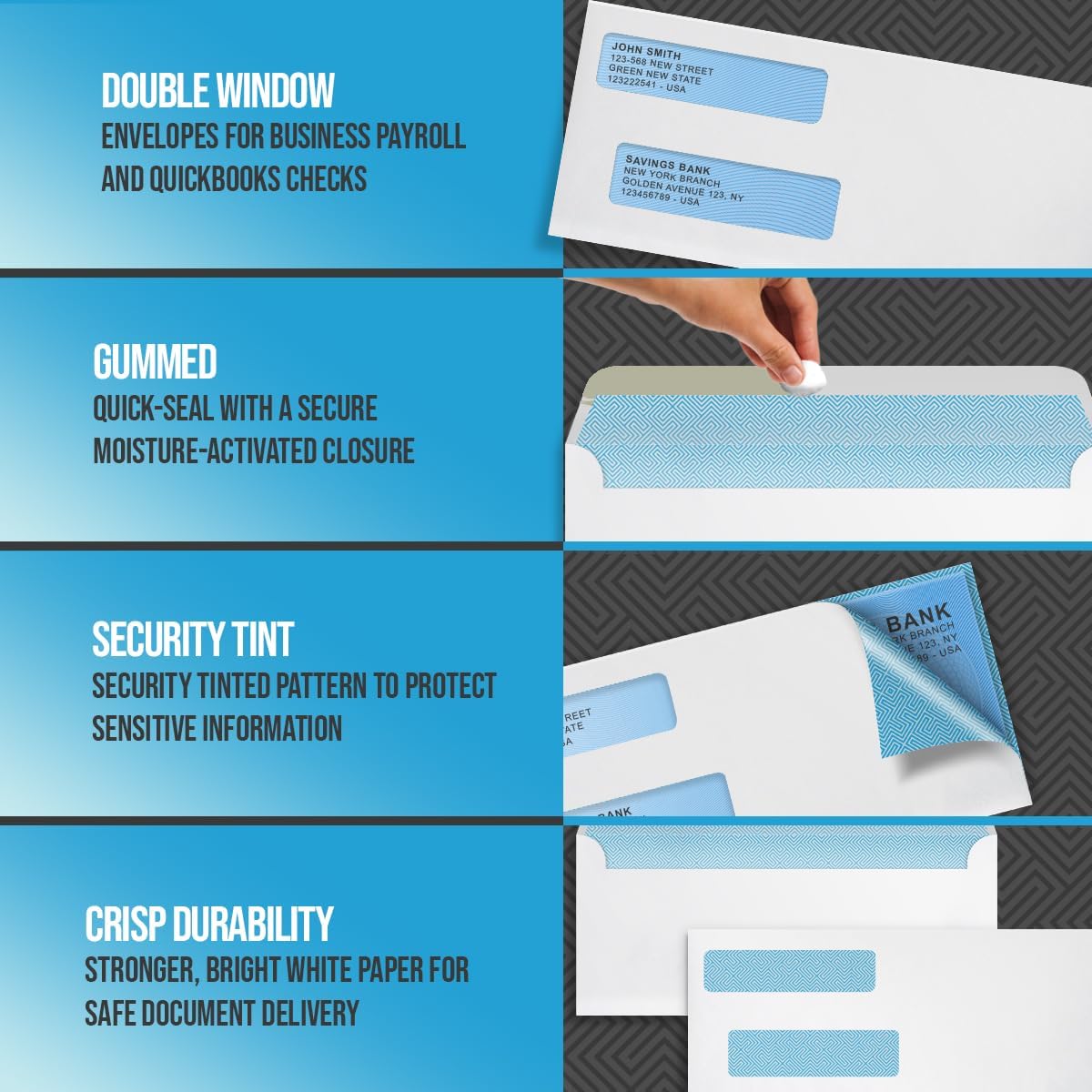 Compuchecks Double Window Envelopes #10- Gummed, Security Business Mailing Envelopes - Tamper Evident, Security Tint - 2500 Count β For Invoices and Legal Documents