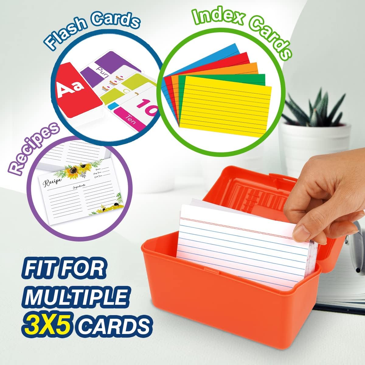 H4D Index Card Holder 3x5, Index Card Box Organizer Case, 3x5 Flash Note Card Holder, 3 Packs (Red/Green/Yellow)