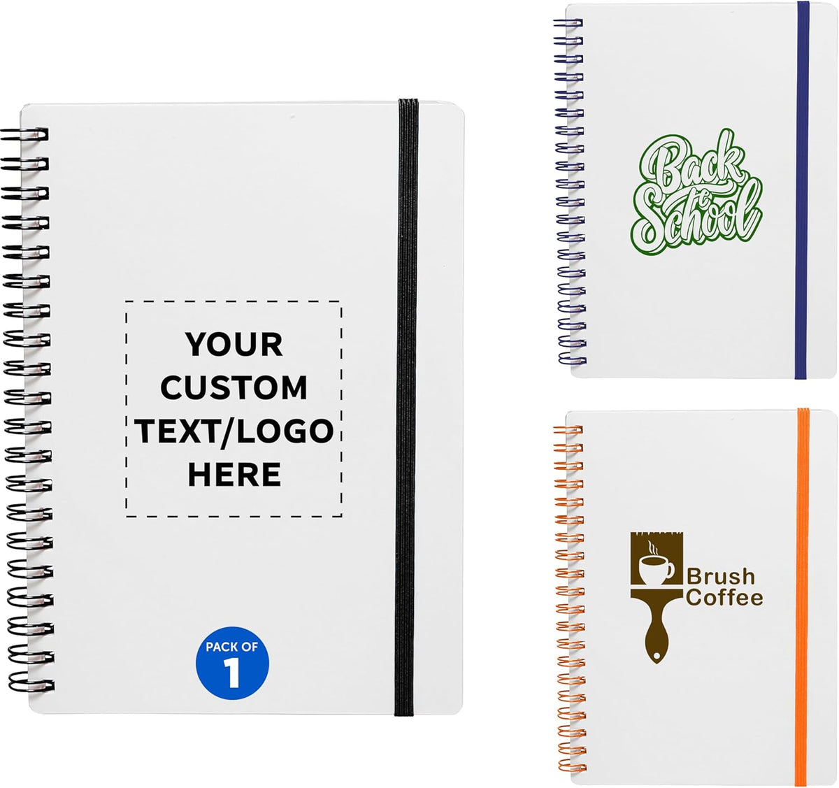 DISCOUNT PROMOS 1 White Spiral Notebooks with Elastic Band Pack - Customizable Text, Logo - 80 lined pages, Recycled - Black