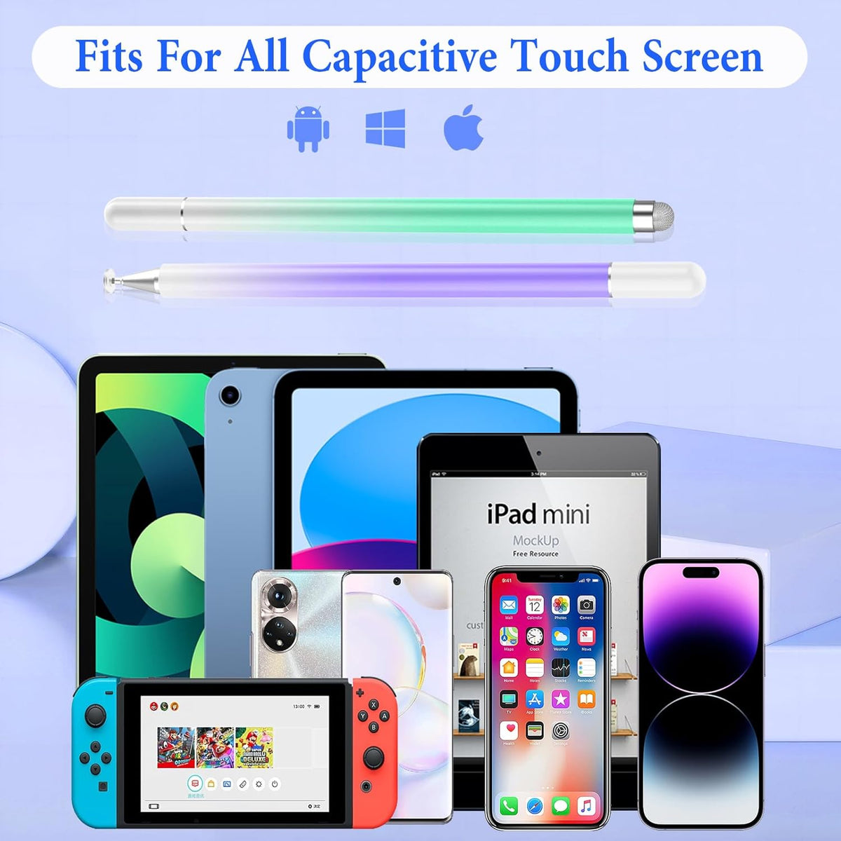 Stylus Pens for Touch Screens(2PCS), High Precision Magnetic Disc Universal Stylus Pen for iPad, 2-in-1 iPad Pen Compatible with iPhone/Pad/Android Tablets and Most Touch Screen(Green/Purple)