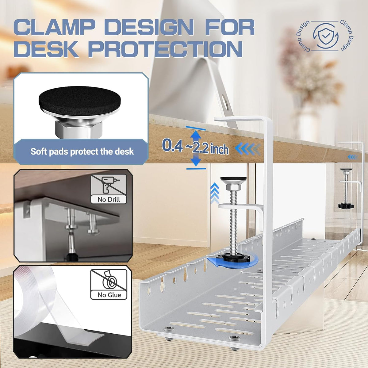 Shikha Under Desk Cable Tray, 15.7"-30.7" Retractable Under Desk Cable Management, No Drilling Cord Organizer with Clamp, Wire Management for Home Office -White