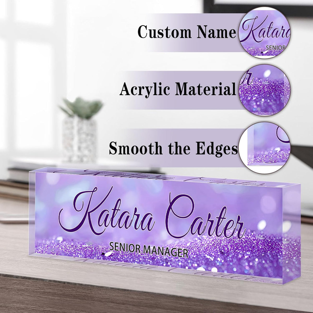 Name Plate for Desk Personalized, Acrylic Desk Decorations, Employee Appreciation Gifts, Custom Office Gifts for Coworkers, Boss, Teacher, Nurse (Purple Quicksand)