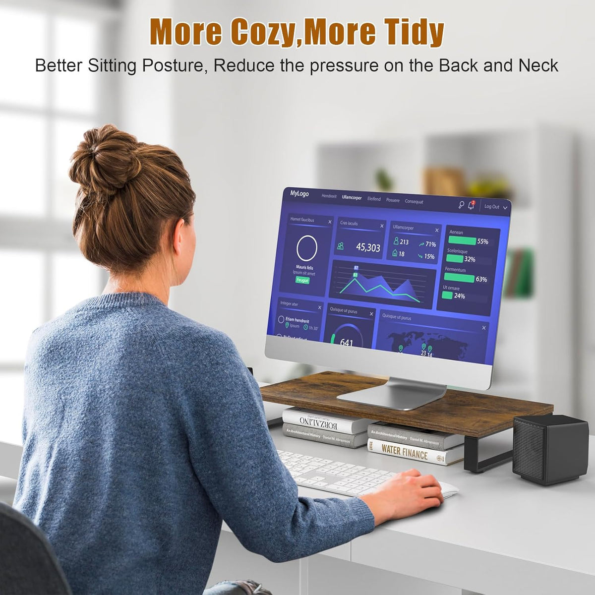 XINYAO Monitor Stand for Desk, Wood & Steel Computer Stand Riser with Storage Organizer for Office Laptop, PC, Printer