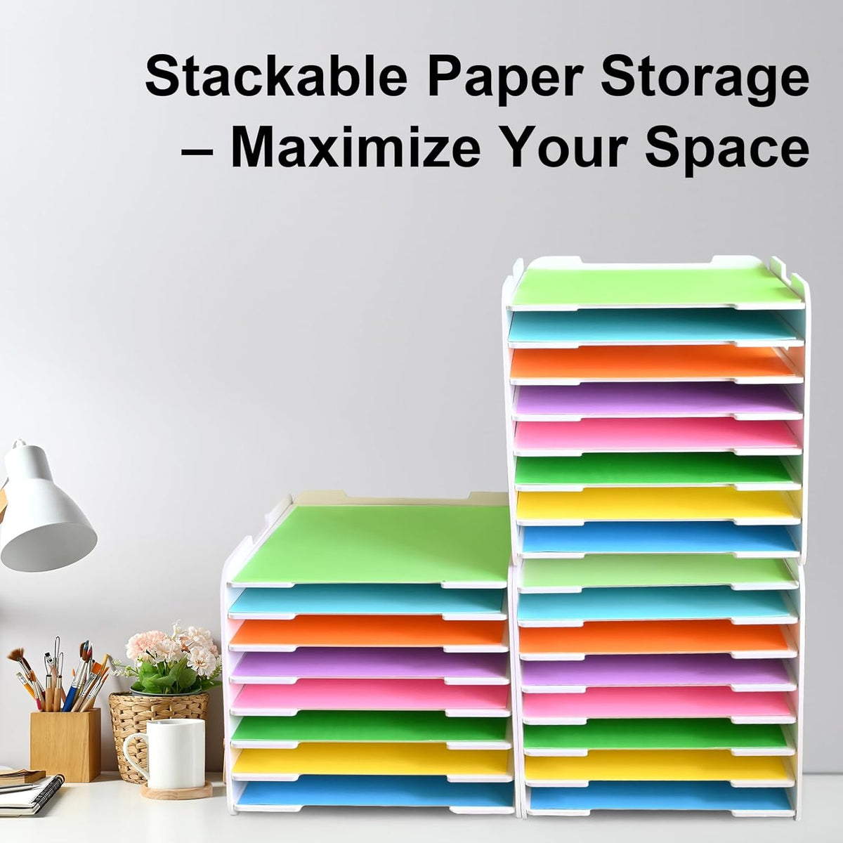 12x12 Paper Organizer, 8-Tier Scrapbook Paper Storage, Stackable Desktop File Holder for Home, Office, Classroom, and Craft Room