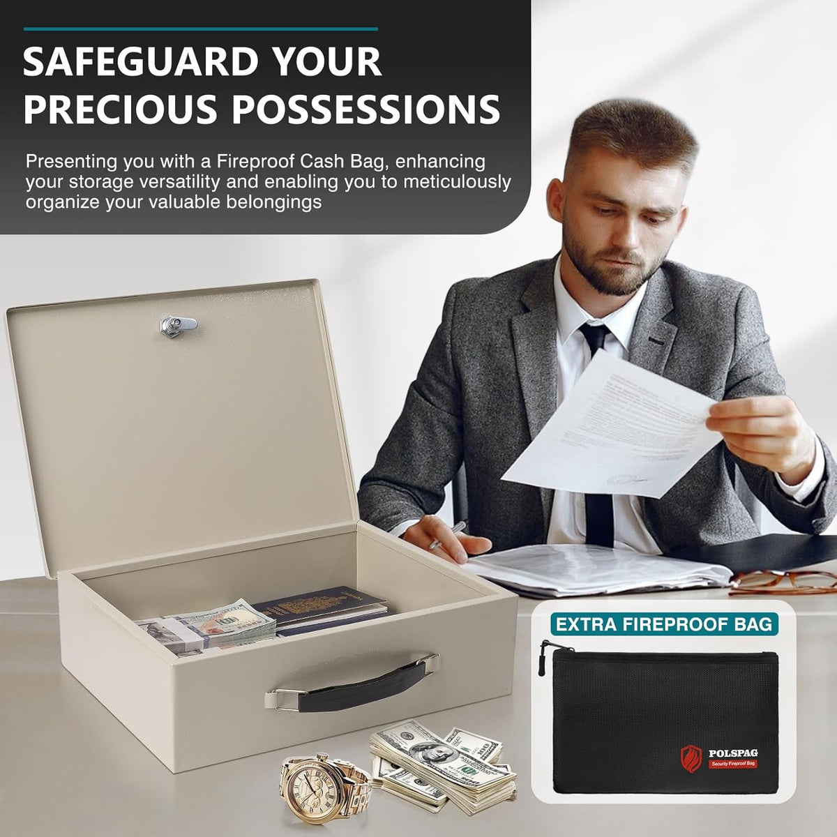 Fireproof Document Box with Key Lock & Fireproof Money Bag,Safe Storage Boxfor Valuables,Key Lock Security with Carrying Handle,Fireproof Box for Documents,Passport Extra Large (White, Large)