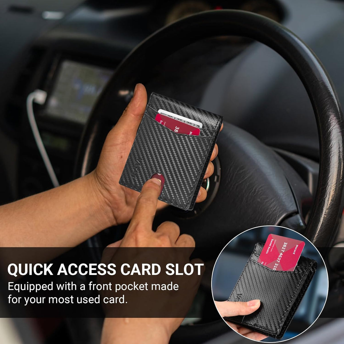 VATAN Wallet for Men, Mens Minimalist Wallet Credit Card Holder, Slim Leather Rfid 2 ID Window Large Capacity With Gift Box (Carbon Fiber Black)