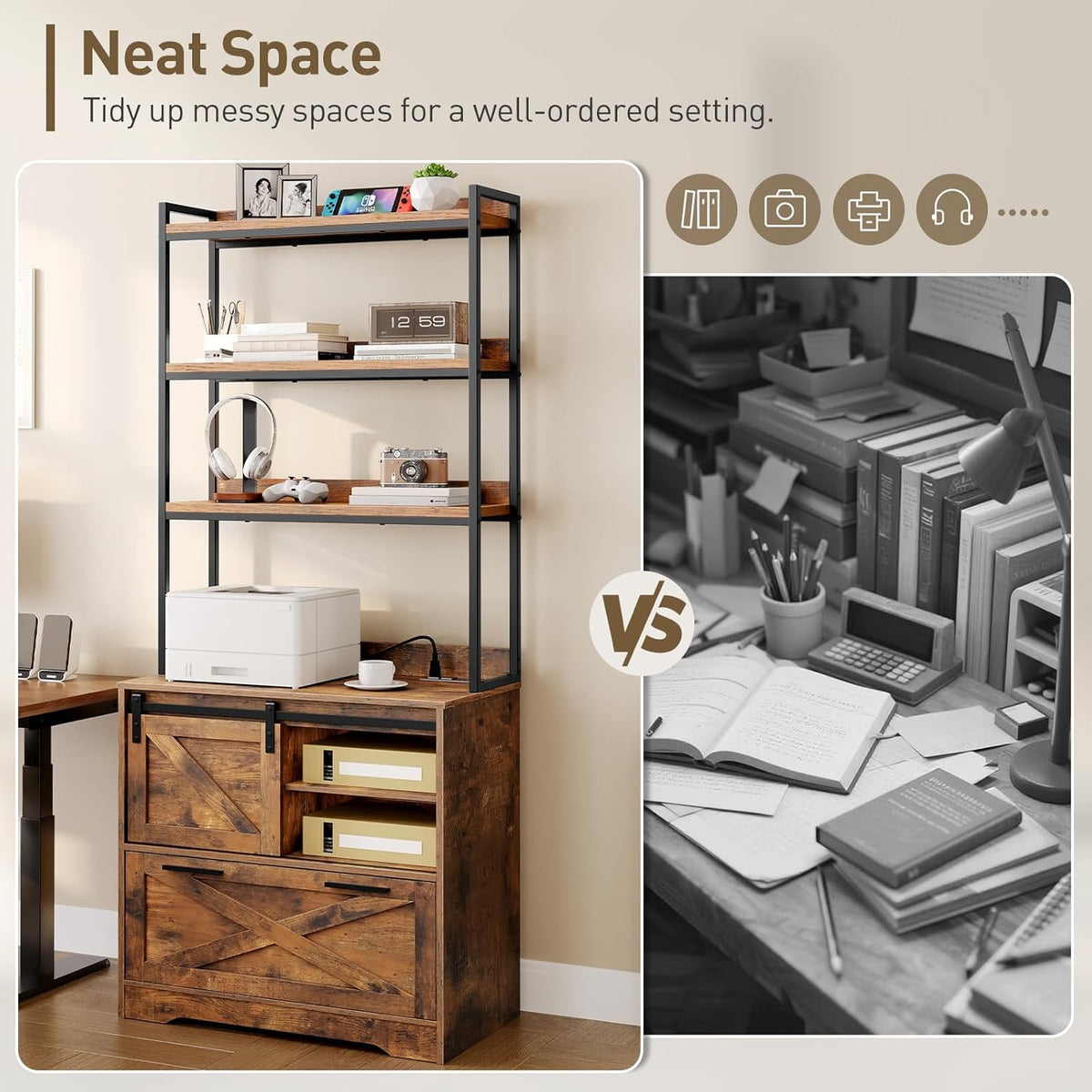 File Cabinet with Charging Station, Vertical Filing Cabinet with Shelves, File Cabinet for Home Office, Printer Stand with Storage Shelves & Barn Doors, Fits A4/Letter Files, Rustic