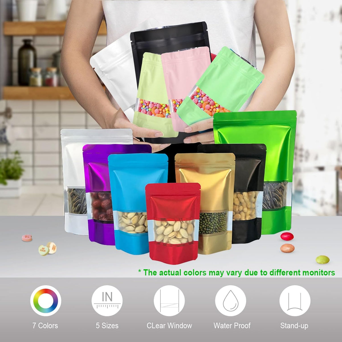 7.1"x10.2" 1 Quart 120pcs Mylar Bags for Food Storage,Smell Proof Bag with Matte Window Resealable Food Storage Bags for Small Business, Stand-up Foil Pouch Packaging Freeze Dried Candy Bag (Gold)