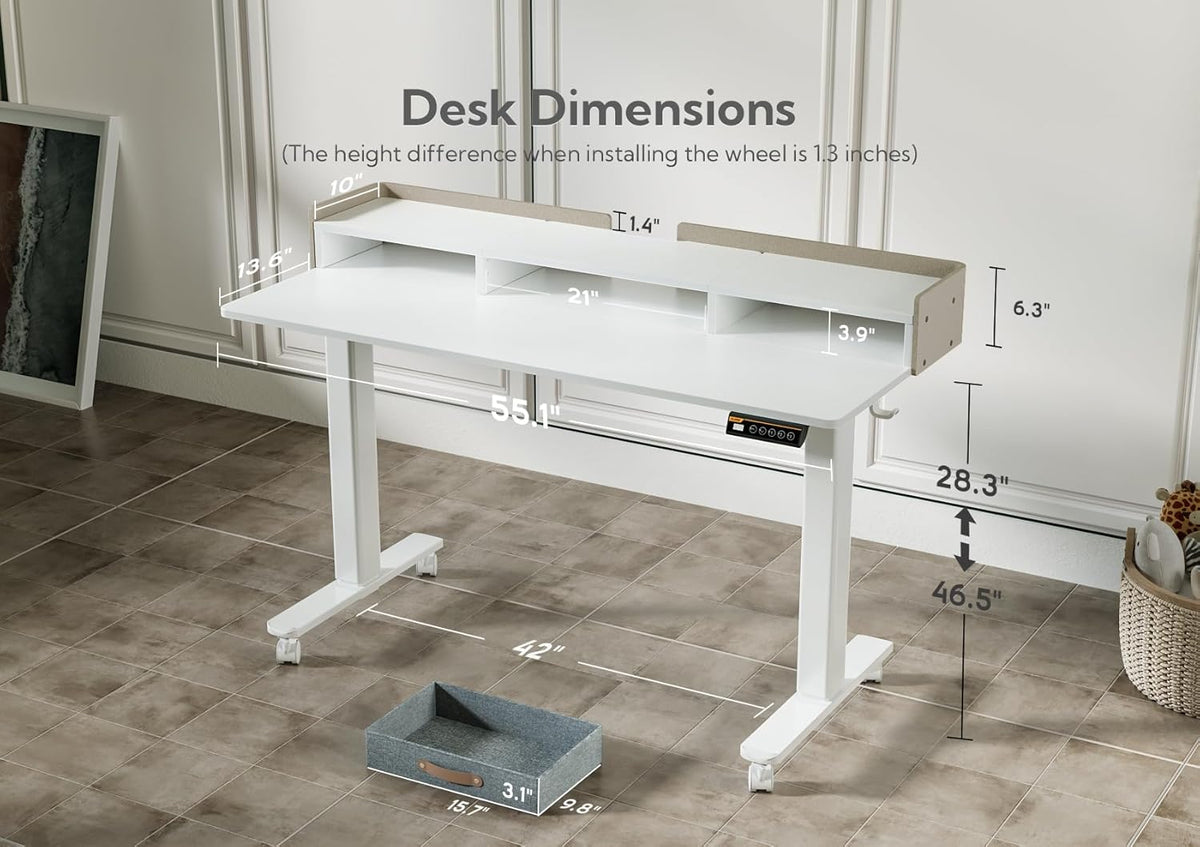 Claiks Standing Desk with Drawers, Stand Up Electric Standing Desk Adjustable Height with Storage Shelf and Splice Board, 55 Inch, White