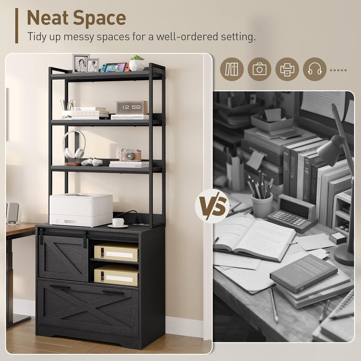 File Cabinet with Charging Station, Vertical Filing Cabinet with Shelves, Black File Cabinet for Home Office, Printer Stand with Open Storage Shelves & Barn Doors, Fits A4/Letter Files
