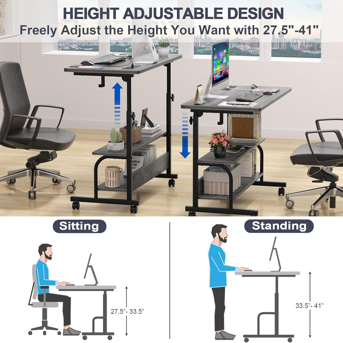Height Adjustable Standing Desk with Power Outlets, 32" Manual Stand Up Desk with Storage Shelves Small Mobile Rolling Computer Desk Portable Laptop Table with Wheels for Home Office, Grey Oak