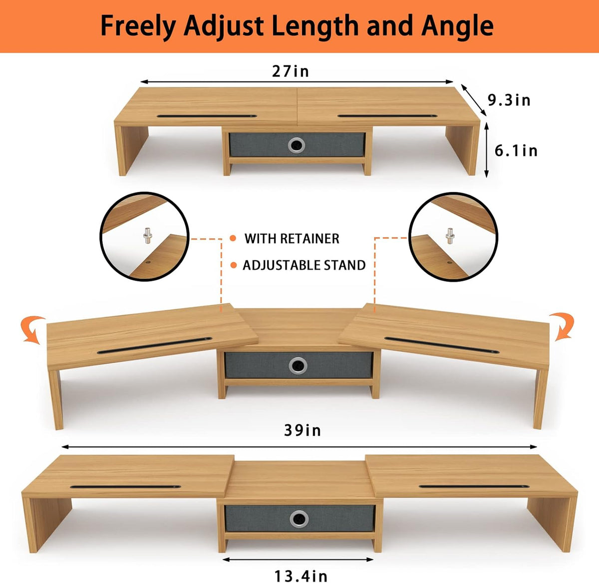 WESTREE Dual Monitor Stand Riser with Drawer - Adjustable Length and Angle, 2 Phone Hold, Desktop Organizer for Computer/Laptop/PC/Printer