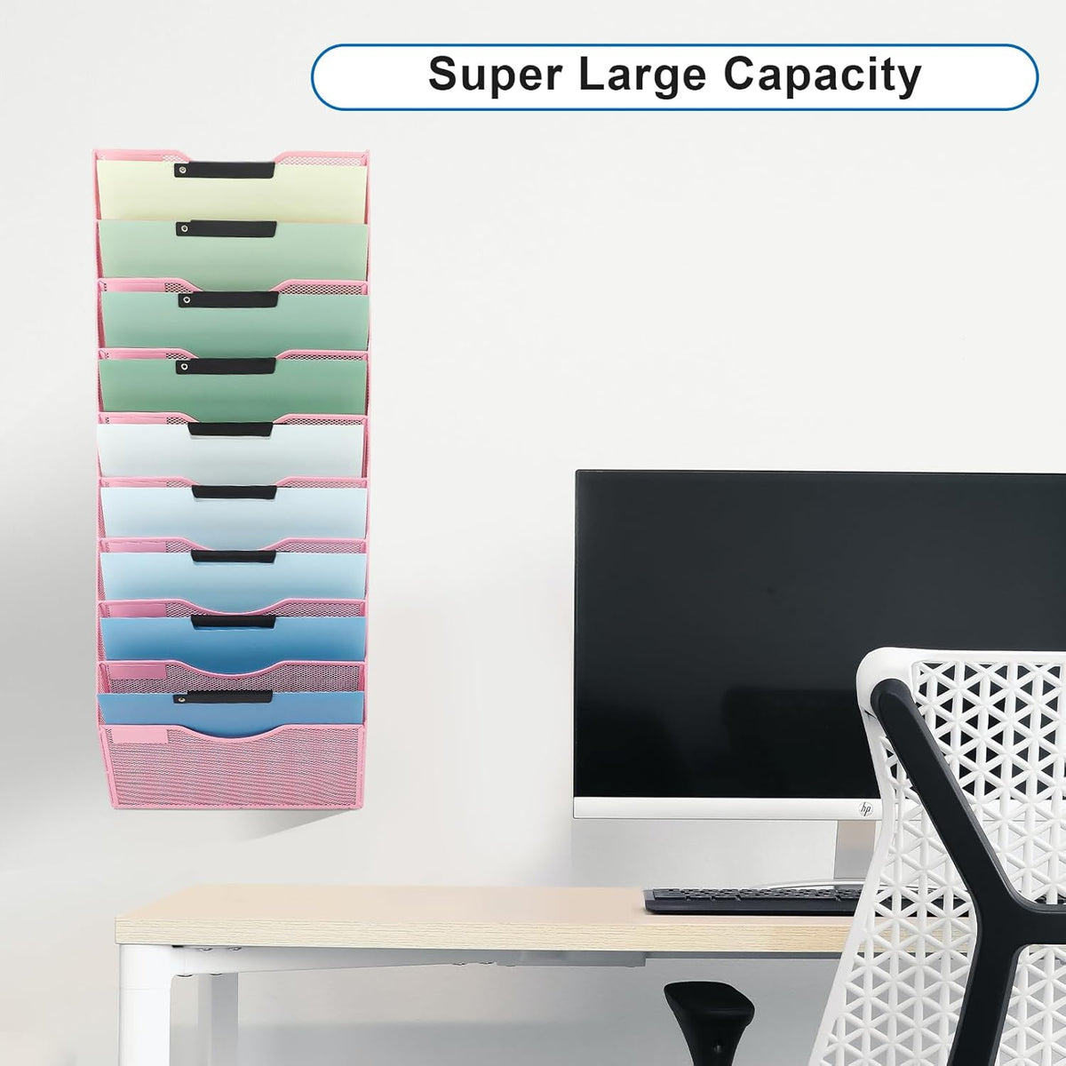 EASEPRES 10 Pocket Mesh Hanging Wall File Organizer, Wall Mounted Mail Paper Document Folder Holder, Clipboard Storage Organization Magazine Rack with Nametag Label for Office Home School, Pink