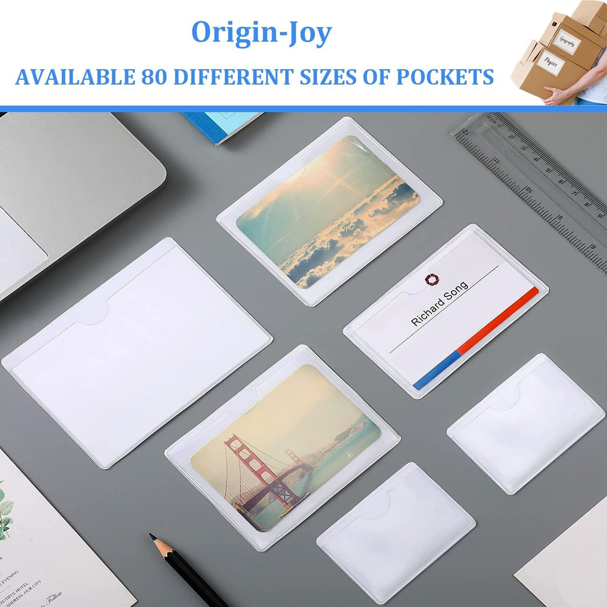 Origin-Joy 25 PCS Self-Adhesive Index Label Pockets, Clear Plastic Peel & Stick Card Holders with Top Open for Loading (4 x 4.75 inch)