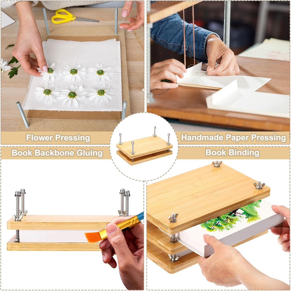 PATIKIL Wooden Book Press, 11.5x7.9Inch Portable Bamboo Book Press Bookbinding Machine Tool Kit One Layer for Book Binding Supplies Handmade Paper Press, Wood
