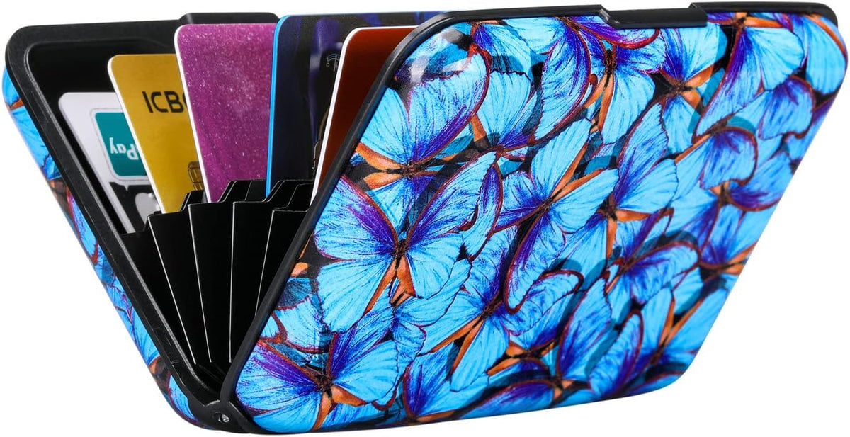 ELFISH RFID Blocking Credit Card Protector Aluminum ID Case Hard Shell Business Card Holders Metal Wallet for Men or Women (Blue Butterfly)