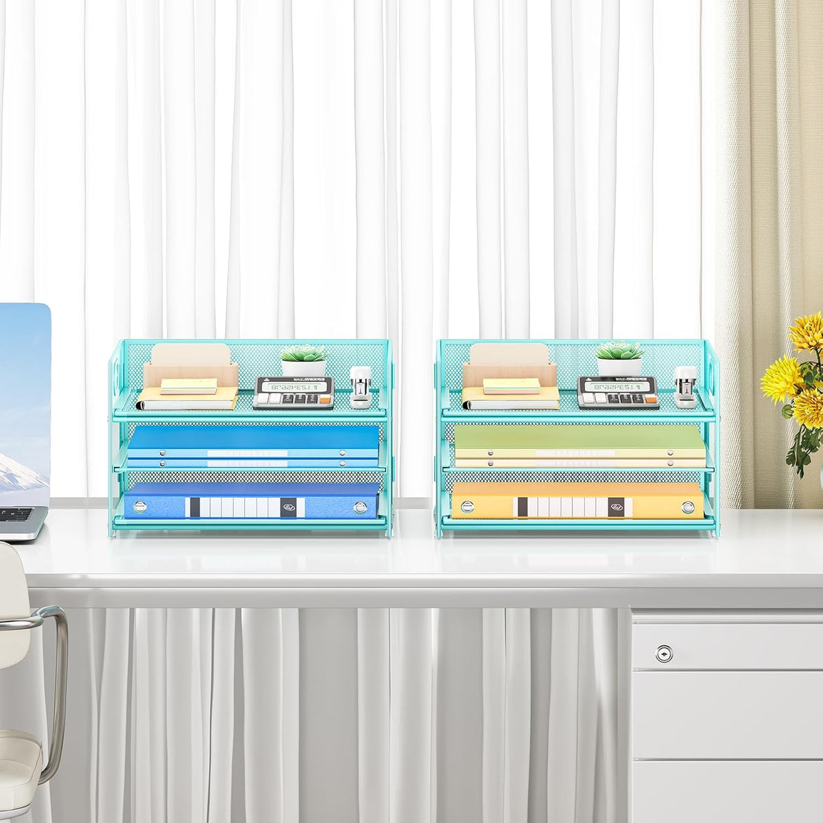 Subekyu 2-Pack 3-Tier Blue Metal Mesh Desk Paper Letter Tray & File Sorter Organizer with Handle + 1 Sliding Tray for Desk, Home, Office, School Supplies, A4 Paper and Accessories Storage