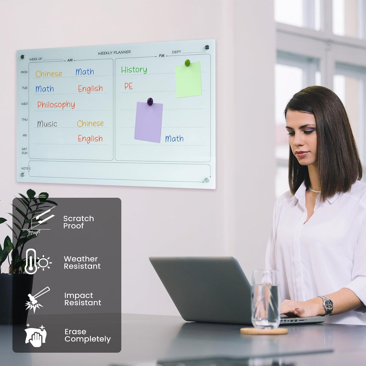 Magnetic Planner Writeboard 24"X36" Weekly Glass Calendar Ultra White Glassboard Premium Tempered Dry Erase Boards Frameless Wall Mounted (Ultra White)