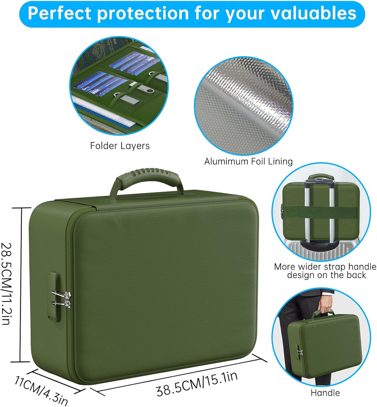 ENGPOW 5200°F Fireproof Document Bag with Lock, Upgraded Heat Insulated Fireproof&Waterproof Box 8 Layers Document Organizer, Portable Home Travel Safe Storage Box for Important Files, Laptop,Green