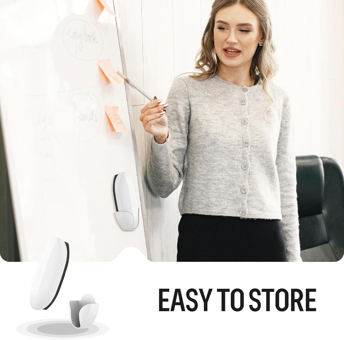 loukin Replaceable Dry Erase Eraser, Double-Sided Whiteboard Eraser with Magnetic Holder, Precision-Point Glass Board Wiper for Classroom, Home and Office (Whiteboard Cleaner Included), White