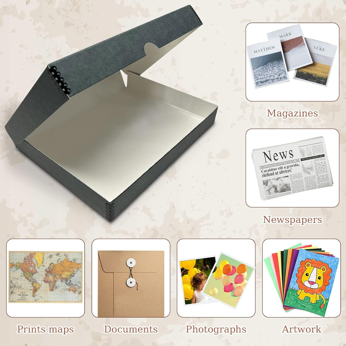 Golden State Art, Archival Folio Storage Box 9x12, Clamshell Design with Metal Edge, Preserve and Store Photos Documents Cards Prints Arts Crafts DIY, Gray, Pack of 2