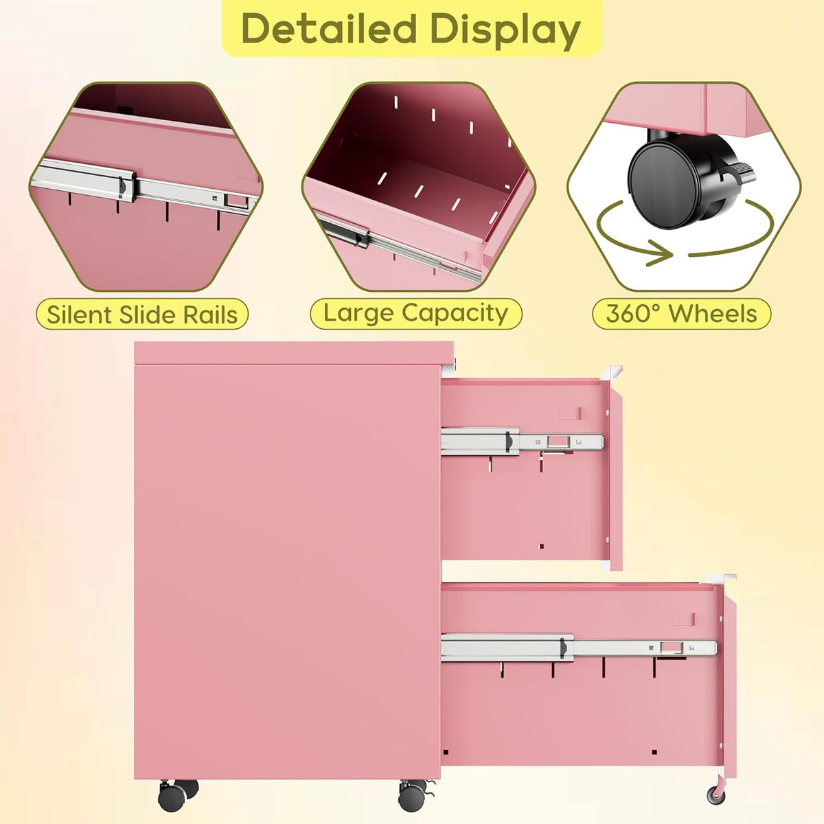 Aobabo Metal 2 Drawer Office File Cabinet with Lock, Under Desk Office Steel Files Cabinet on Wheels, 25.6''H Legal/Letter A4 Size, Fully Assembled Except Wheels,Pink