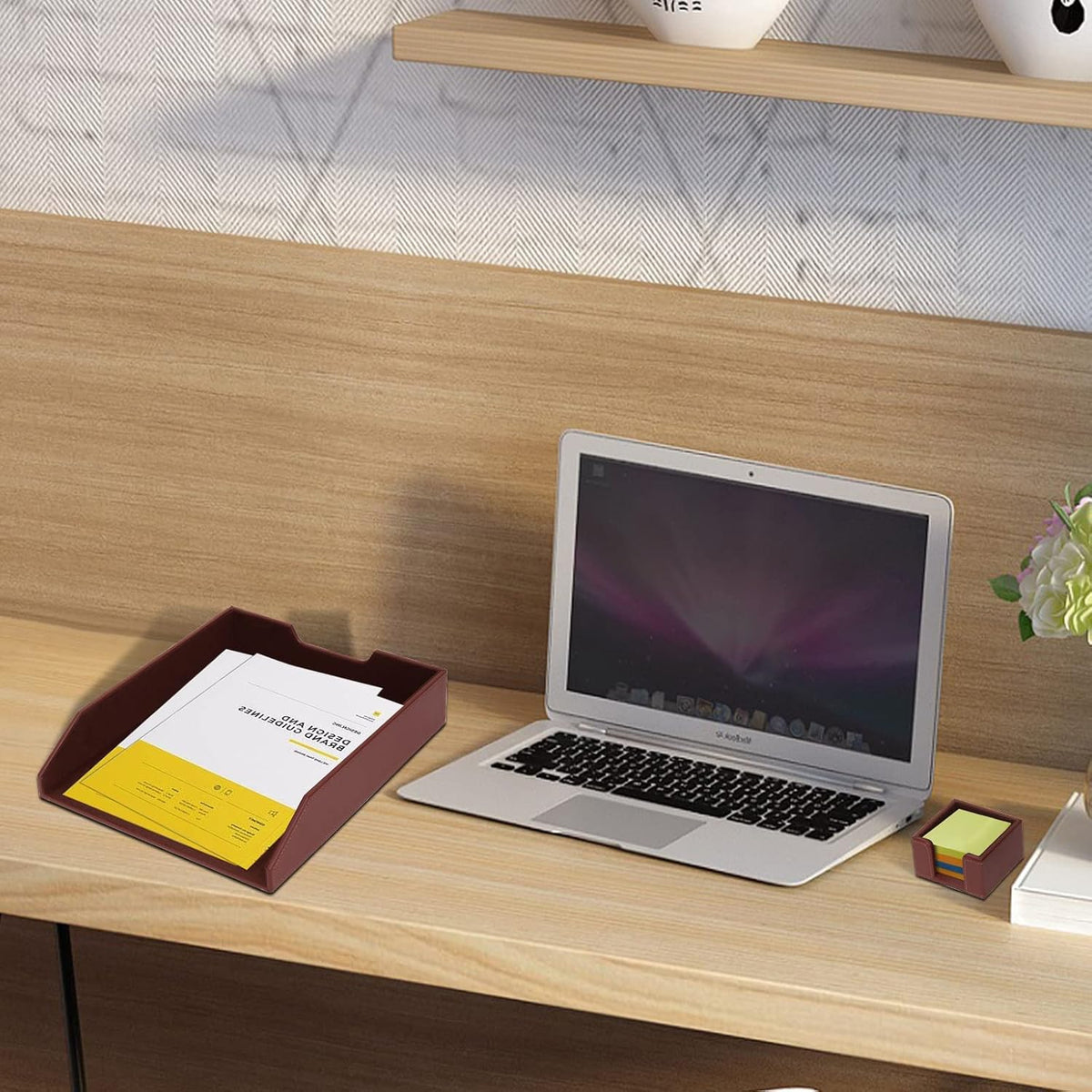 6 Piece Office Supplies/Desk Organizer Set with Desktop Leather Writing Pad,File Paper Tray,Magazine folder Holder, Pen Cup,Sticky Note Holder,Letter Mail Sorter,Workspace Decor for Women Men Brown