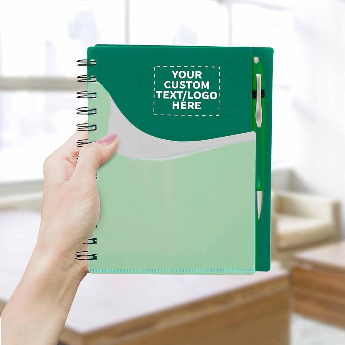 DISCOUNT PROMOS Custom Spiral Notebooks with Front Pocket Set of 10, Personalized Bulk Pack - Durable Plastic Cover, Includes Matching Pen in Blank Ink, Perfect for School, Office, Home - Green