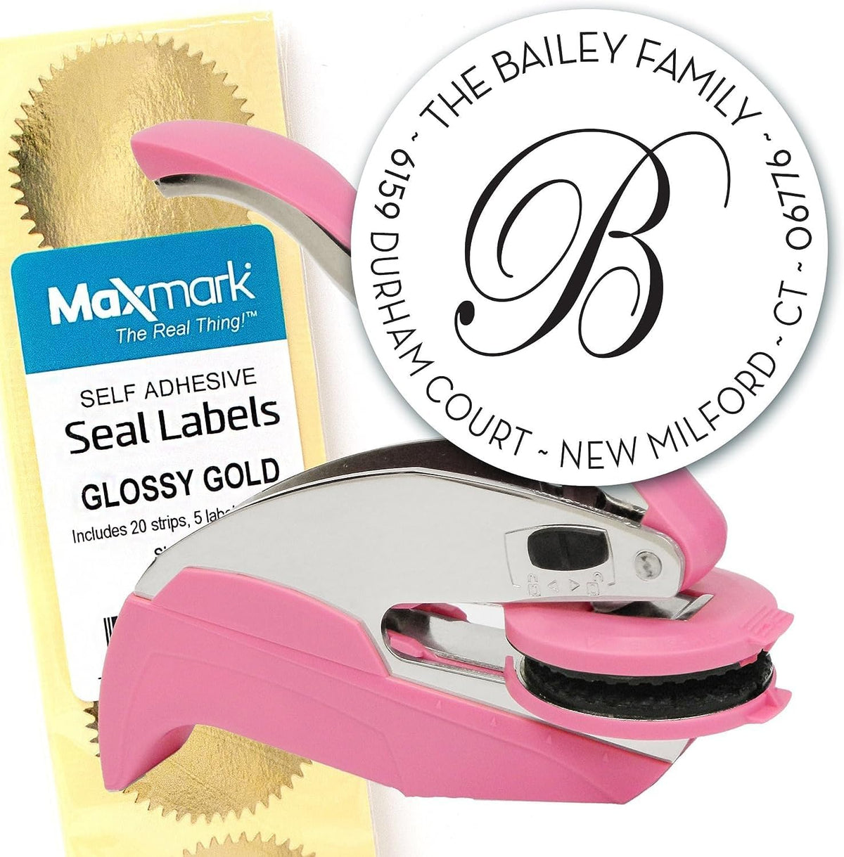 Custom Monogram Address Embosser - Personalized Round Seal with 50 Gold Seal Labels - Style EM028