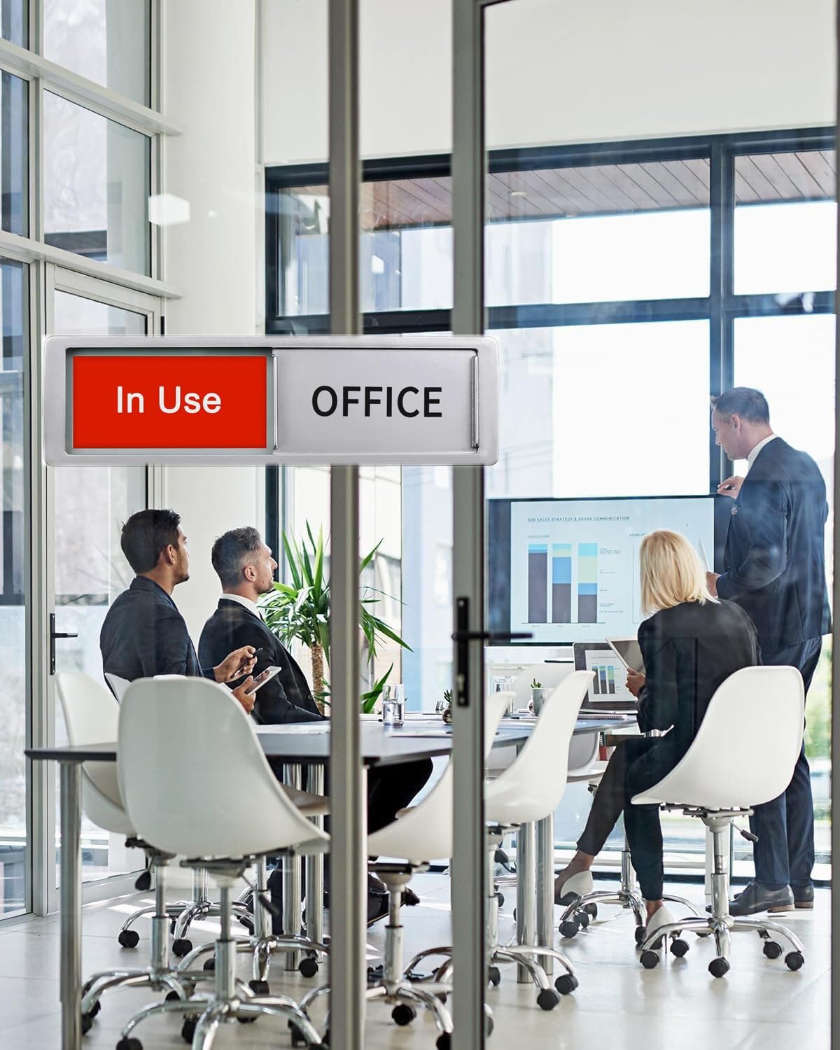Office In Use/Available Magnetic Door Sign - 7"x2" Privacy Slider, Non-Scratch Status Indicator for Conference Rooms, Home Offices, Restrooms - Silver