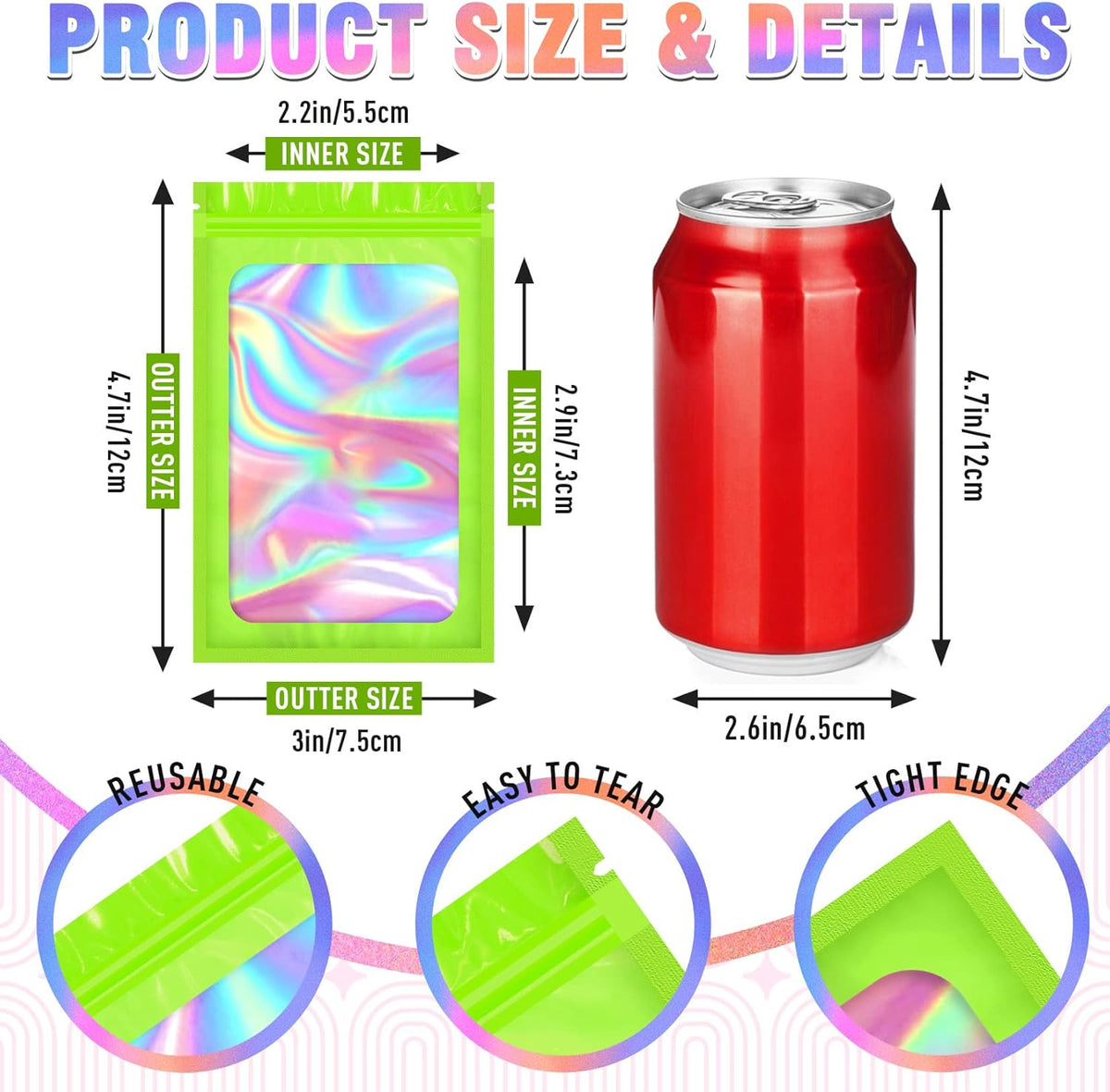 Smell Proof Bags, 100 PCS Holographic Packaging Bags, Resealable with Clear Window (3x4.7 Inch) for Snack, Cookie, Eyelash, Jewelry, Gift, Sample