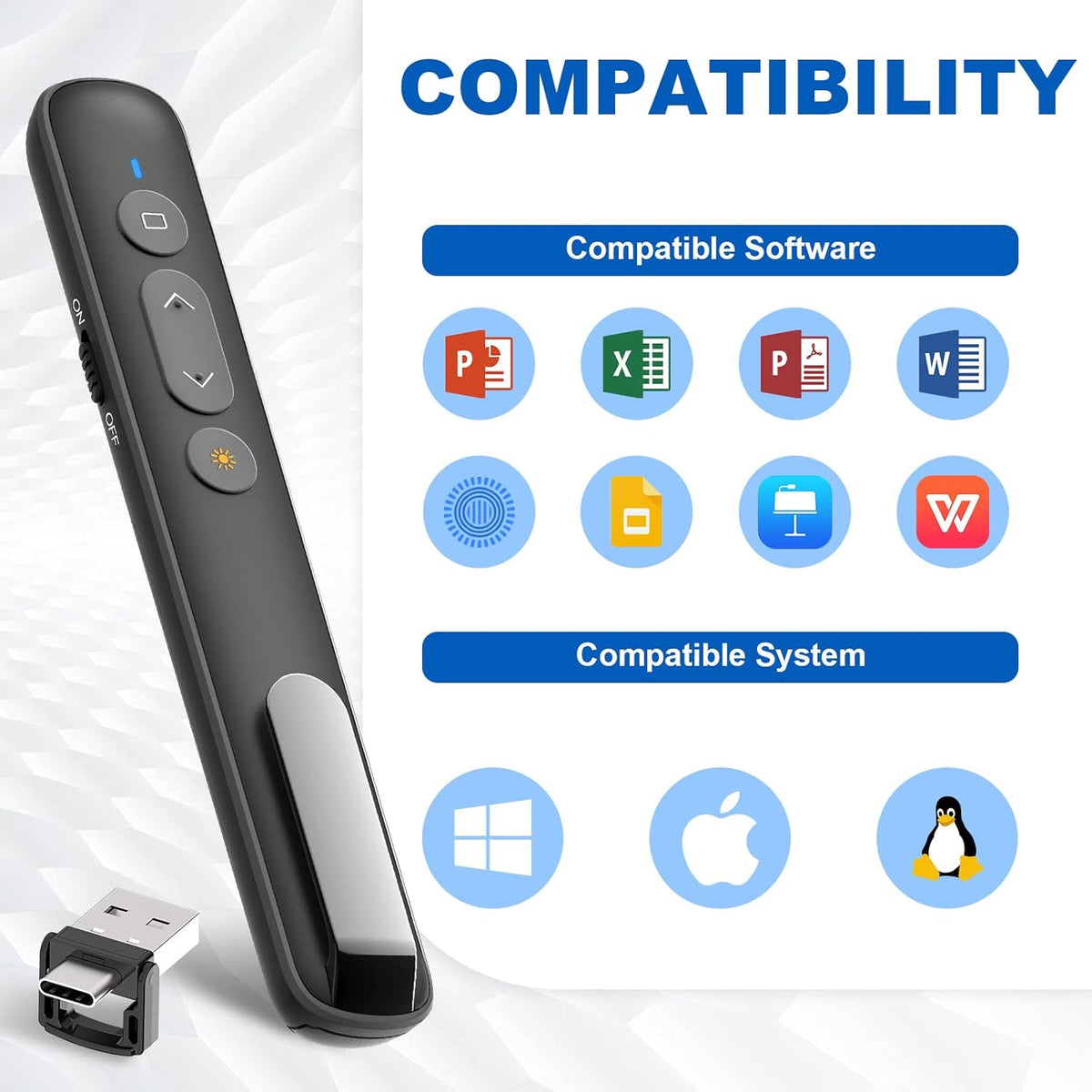 USB-C/USB-A Laser Pointer for Presentation Clicker PowerPoint Wireless Presenter Remote, Google Slide Advancer Projector Smart Board Slideshow Power Point PPT Clicker for Mac/Laptop/Computer/Office