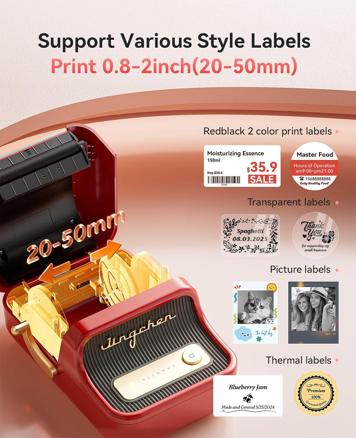 NIIMBOT B21 Pro Label Maker, 300DPI HD Label Printer, Ideal for Notes,Photos, Study Graphics, Memo Maker,50x30mm Label,230Pcs(Red)