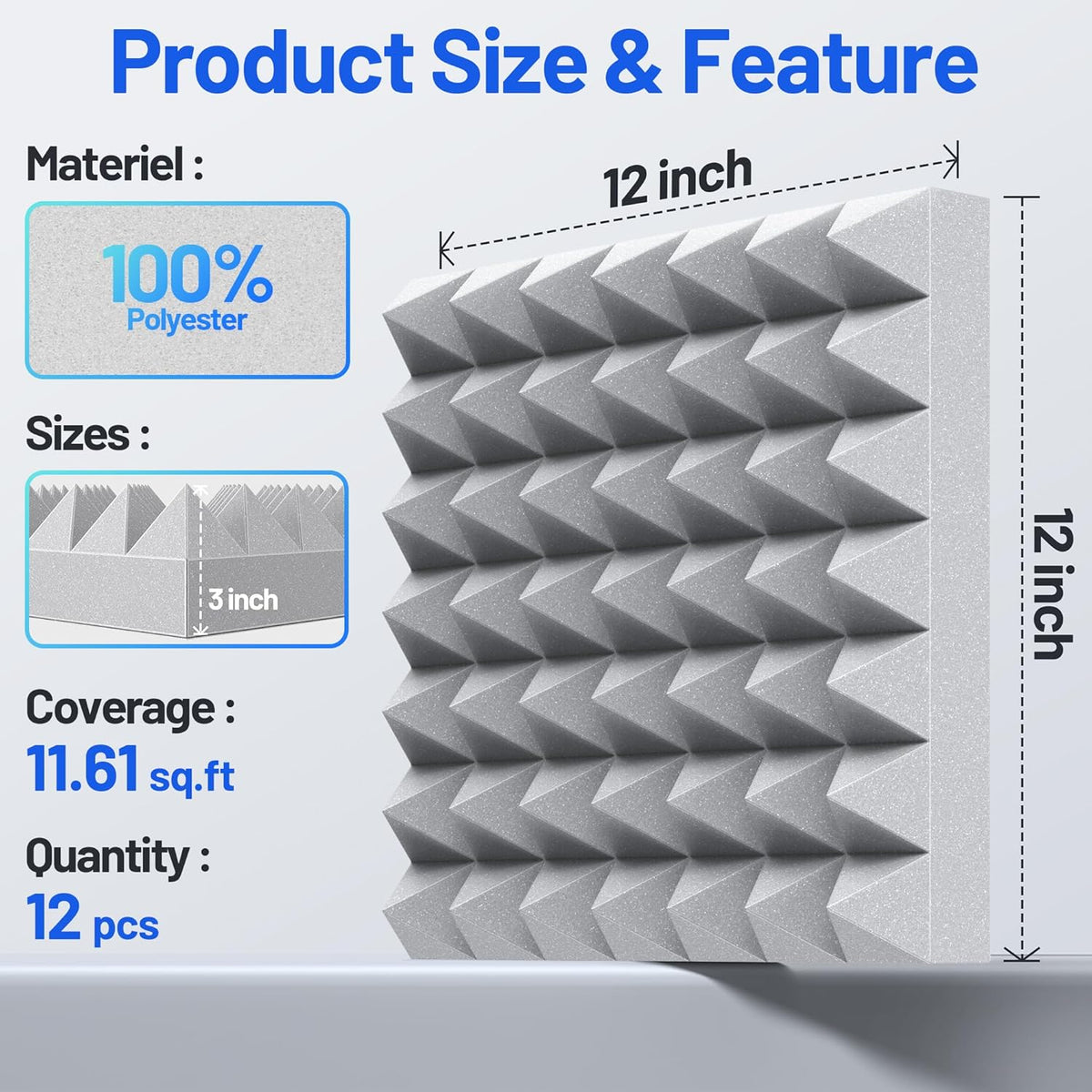 12 Pack Pyramid Sound Proof Foam Panels for Walls with Updated Self-Adhesive 3"X12"X12" High Density Acoustic Panels Sound Absorbing Fast-Expanding Soundproof Wall Panels for Gaming Studio Decor- Gray
