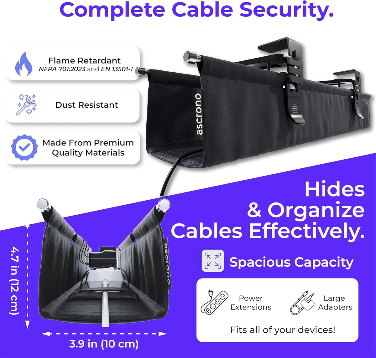 Original No Drill Under Desk Cable Management Tray 27.3" - Premium Black Fabric Cable Management Under Desk - Clamp/Screw Mount Cord Organizer - Supports Upto 66lbs