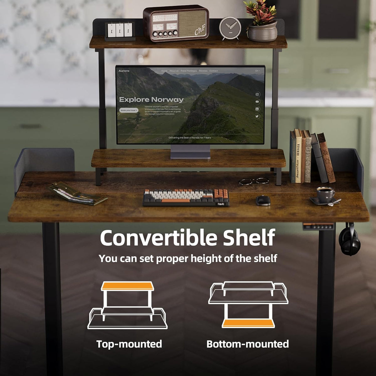 Claiks Electric Standing Desk with Removable Shelves, 55 x 24 Inches Height Adjustable Desk, Stand Up Monitor Stand Desk for Computer Workstation, Rustic Brown