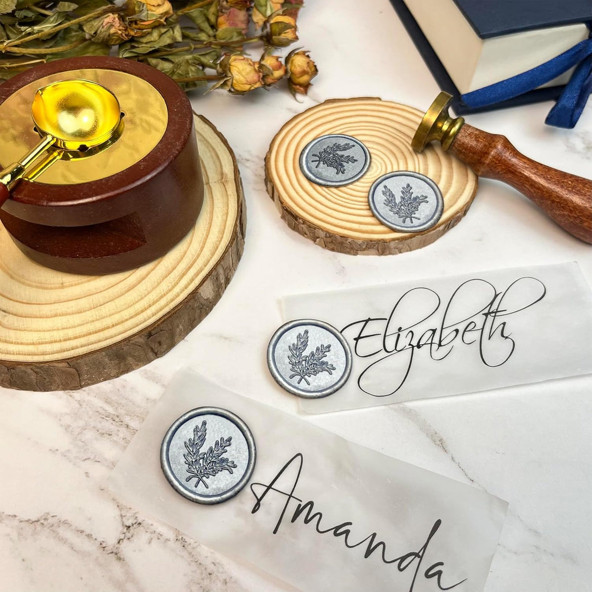 25Pcs Wax Seal Stickers Handmade Envelope Seals Self Adhesive Wax Stickers for Wedding Party Invitations, Envelope, Gift Wrap, Christmas(Rosemary Style, Gray Blue)