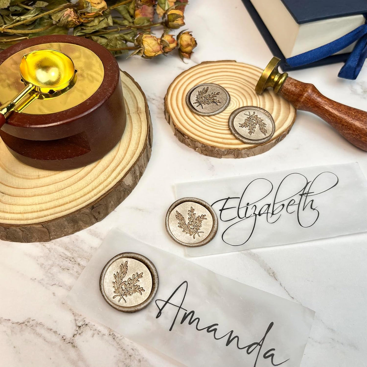 100Pcs Wax Seal Stickers Handmade Envelope Seals Self Adhesive Wax Stickers for Wedding Party Invitations, Envelope, Gift Wrap, Christmas(Rosemary Style, Champagne Gold)