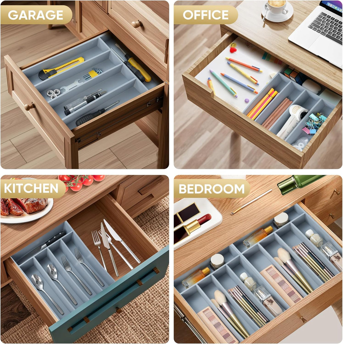 Silverware Organizer, 10 Inch Utensil Organizer Kitchen Drawer Organizer Bamboo Silverware Holder Cutlery Tray Organizer in Drawer Flatware Organizer Tray(5 slots, Gray)