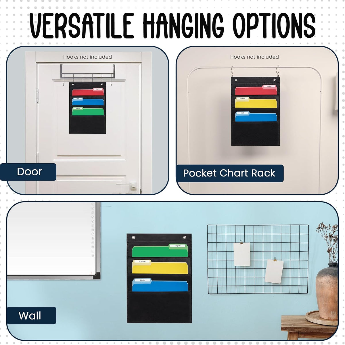 Essex Wares - 3 Pocket File Pocket Chart, Black, 14" Wide x 19.5" Tall - Versatile Wall Hanging File Folder Organizer for Classroom, Office, Home, and More - Wall Folder Organizer - 3 Pockets